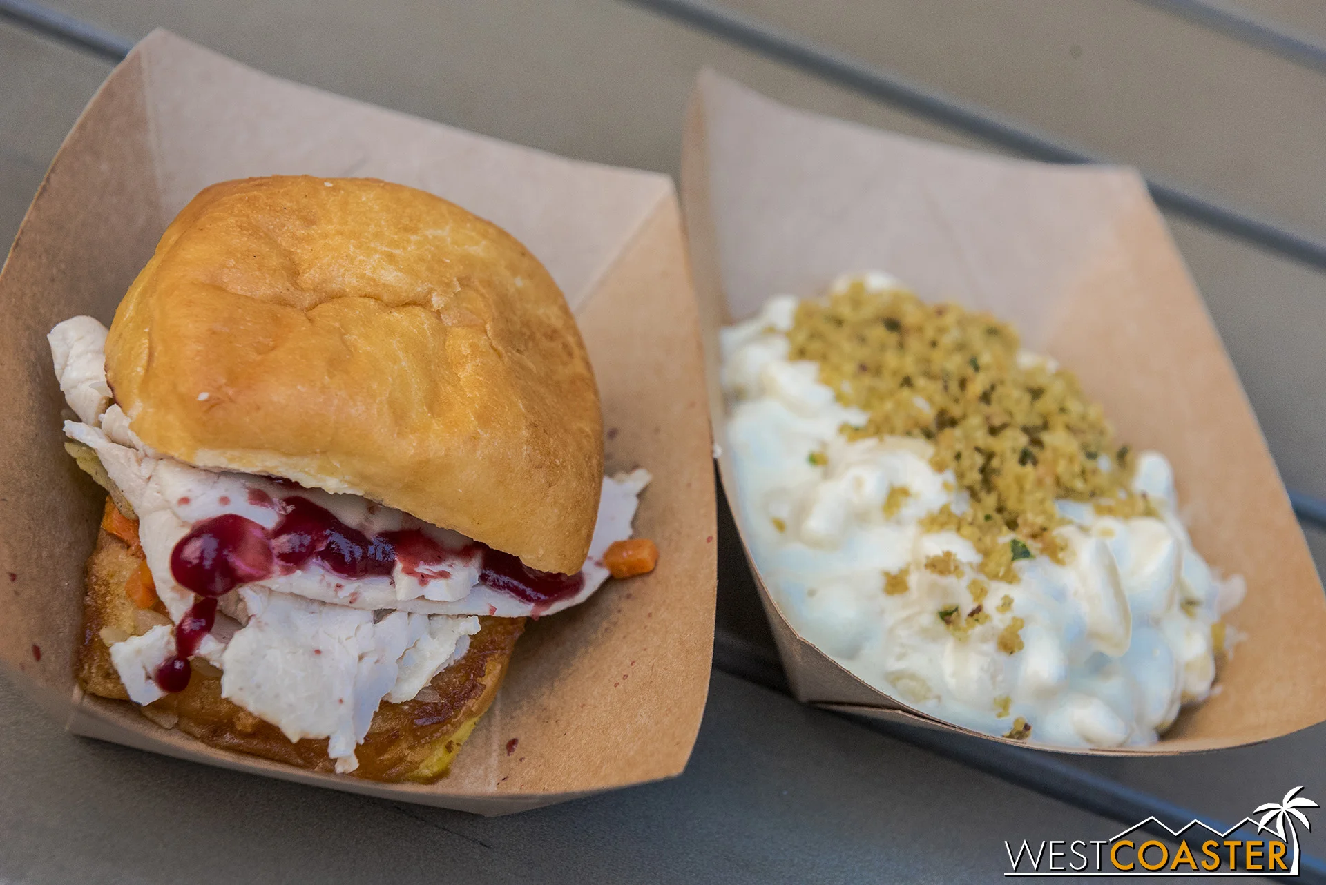 At “Winter Sliderland,” the Roasted Turkey Slider with Cranberry Sauce is tasty. The Holiday Stuffing Mac & Cheese is also pretty good, though more creamy than tasty. But—FOOD HACK!!—combine the two of them together, putting the mac & cheese on top of the turkey inside the slider, and you have a heavenly combination.
