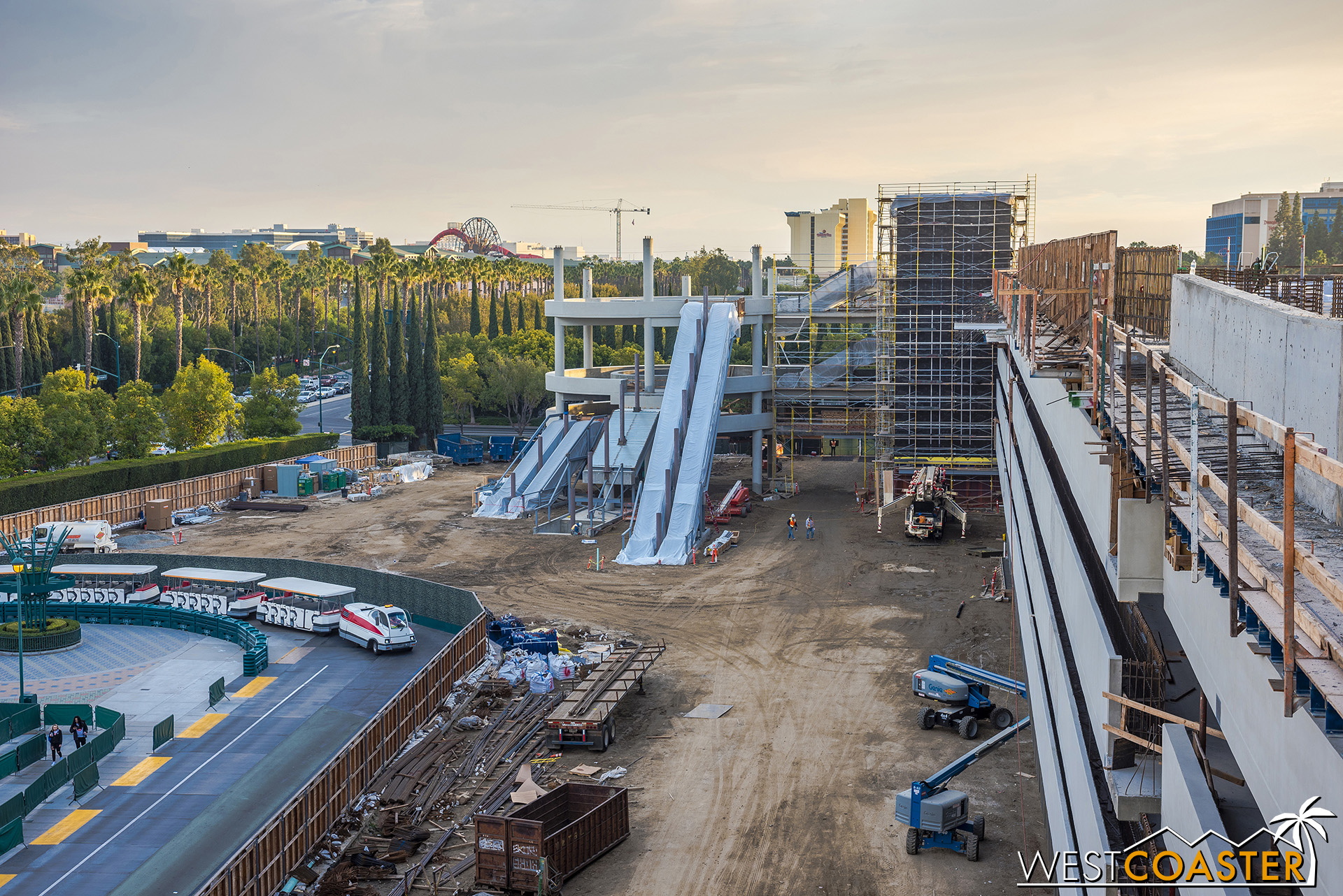 Over on the southeast corner of the new parking structure, the escalator promenade and elevator tower continue to progress. 