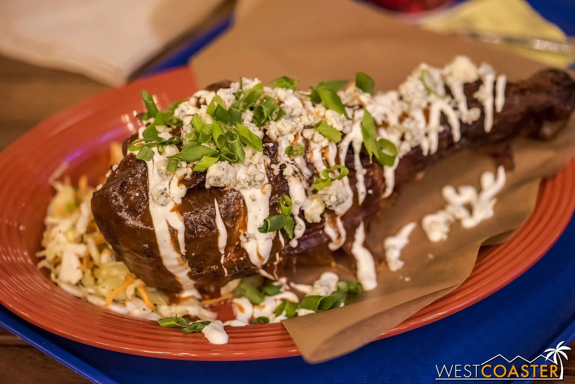 The Buffalo-style Roasted Turkey Leg with Celery Slaw and Crumbled Blue Cheese is ginormous and utterly insane. But tasty!