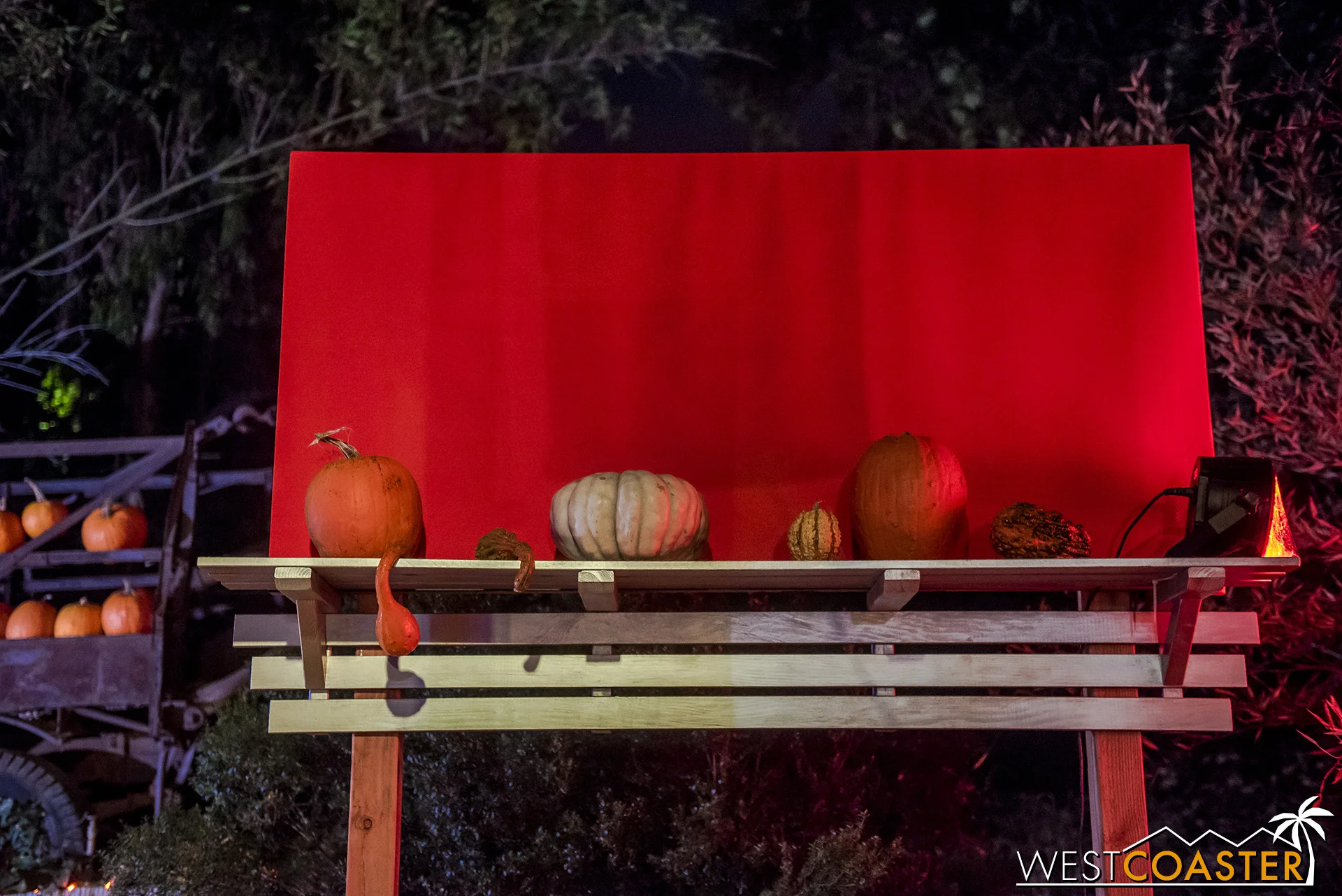 Pumpkins and a blank, orange billboard.