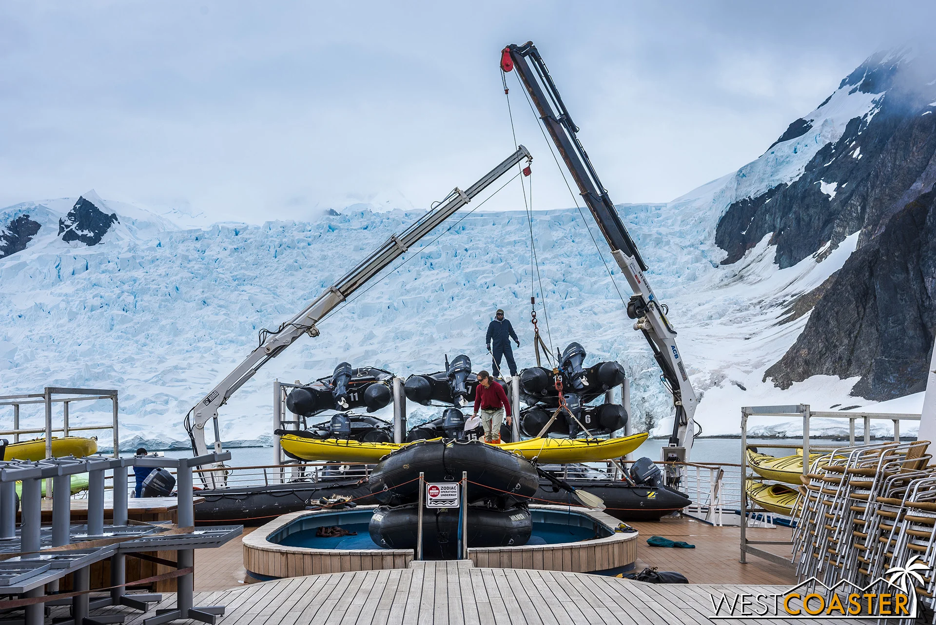 Loading Zodiac rafts at the aft.