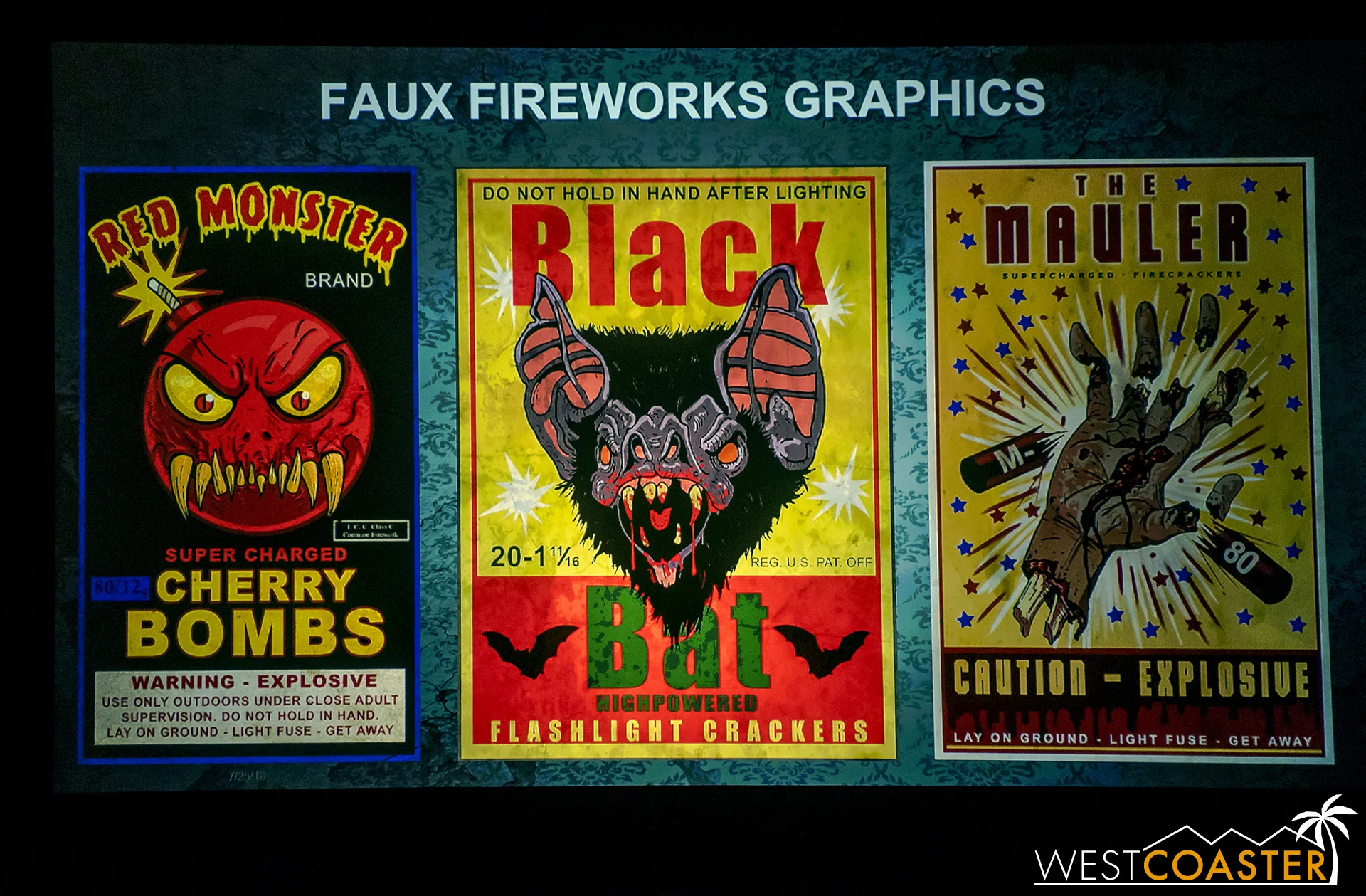 Some of the great fake graphics that the Universal graphics department generates for Horror Nights theming. These are fake fireworks boxes for the 4th of July portion of the Holidayz in Hell maze.