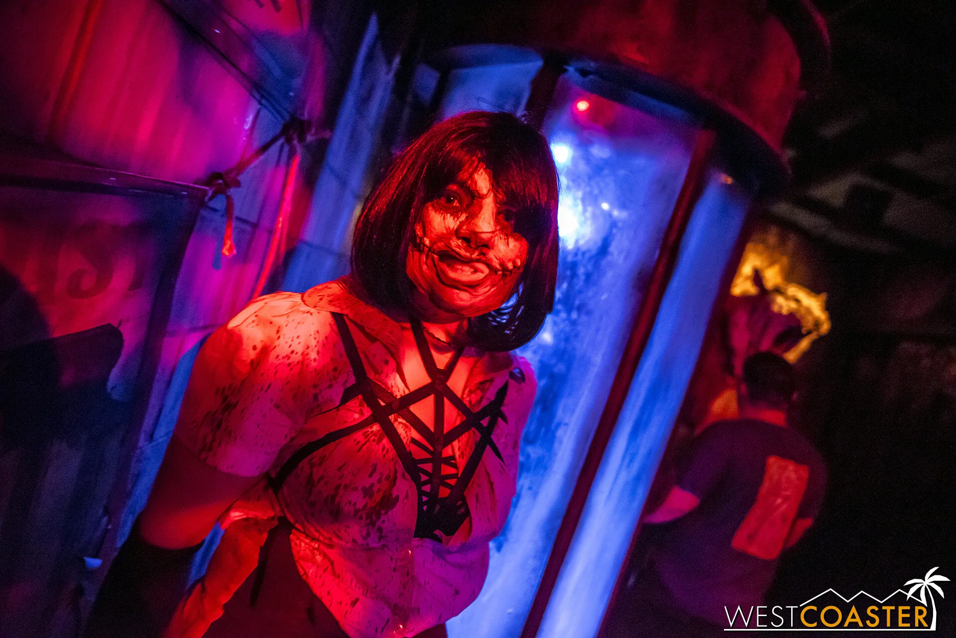 One of the many disfigured victims of Dr. Augustus French inside Wax Works. And one of the living ones.