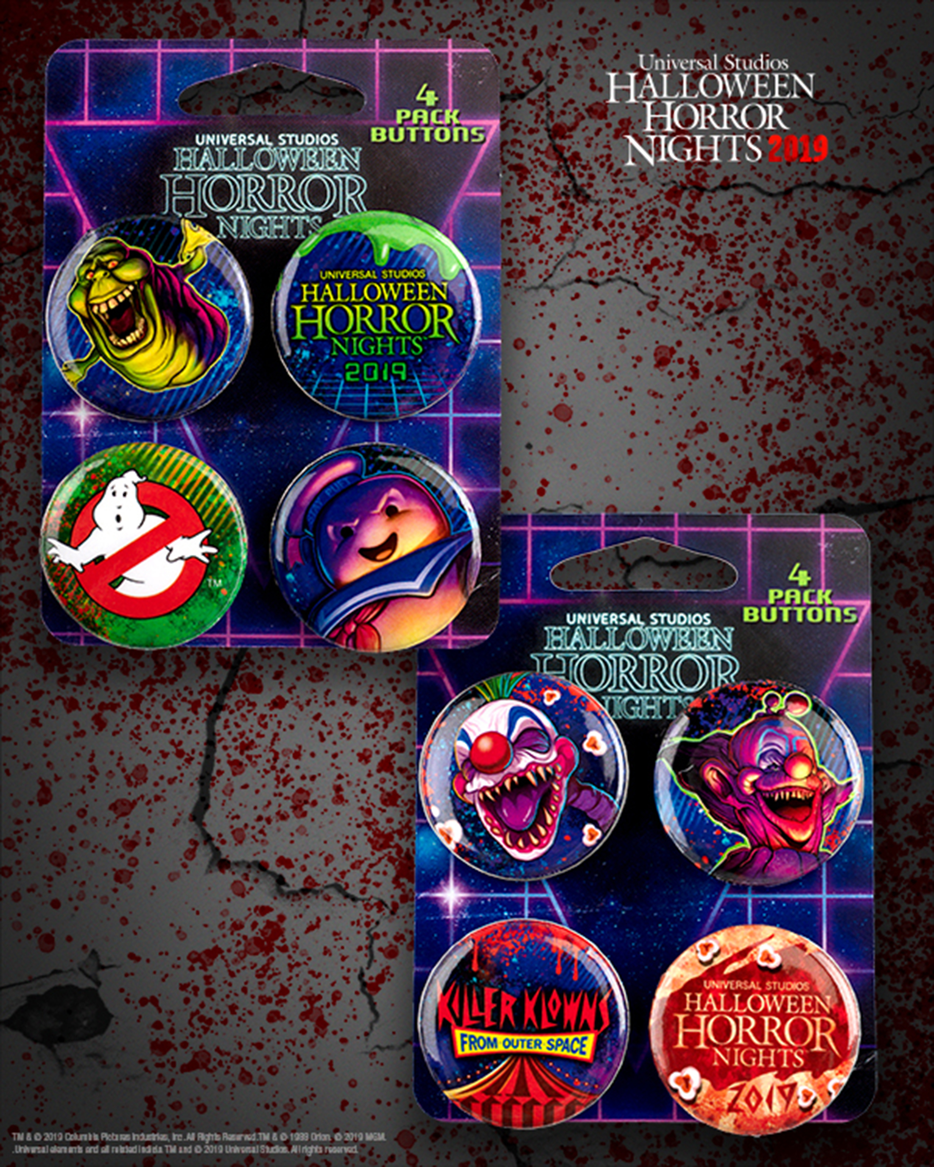 Guests can get these collectible buttons at Horror Nights this year. (Photo courtesy of Universal Studios Hollywood.)