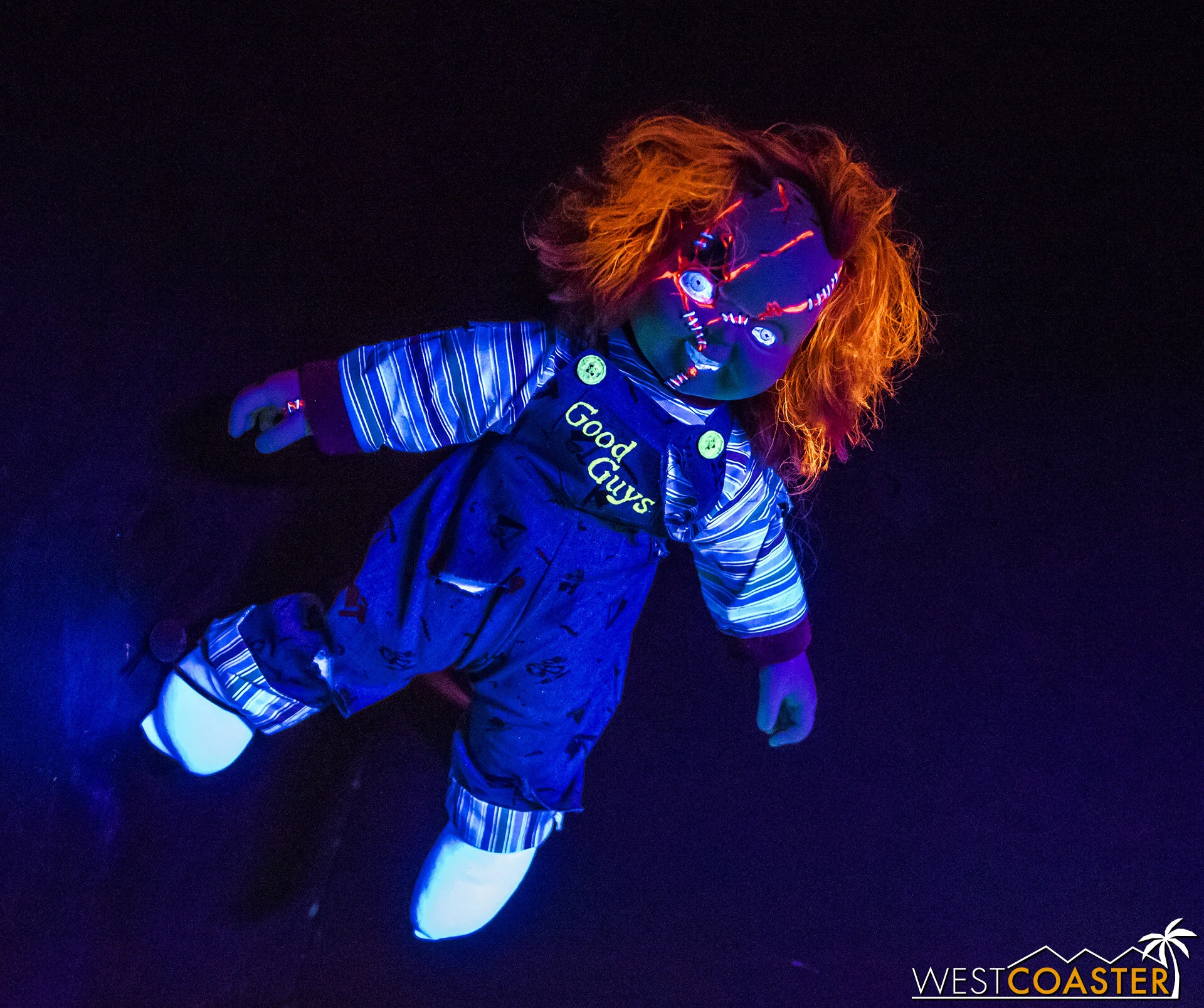 Chucky is one of several famous horror franchise icons to greet guests.