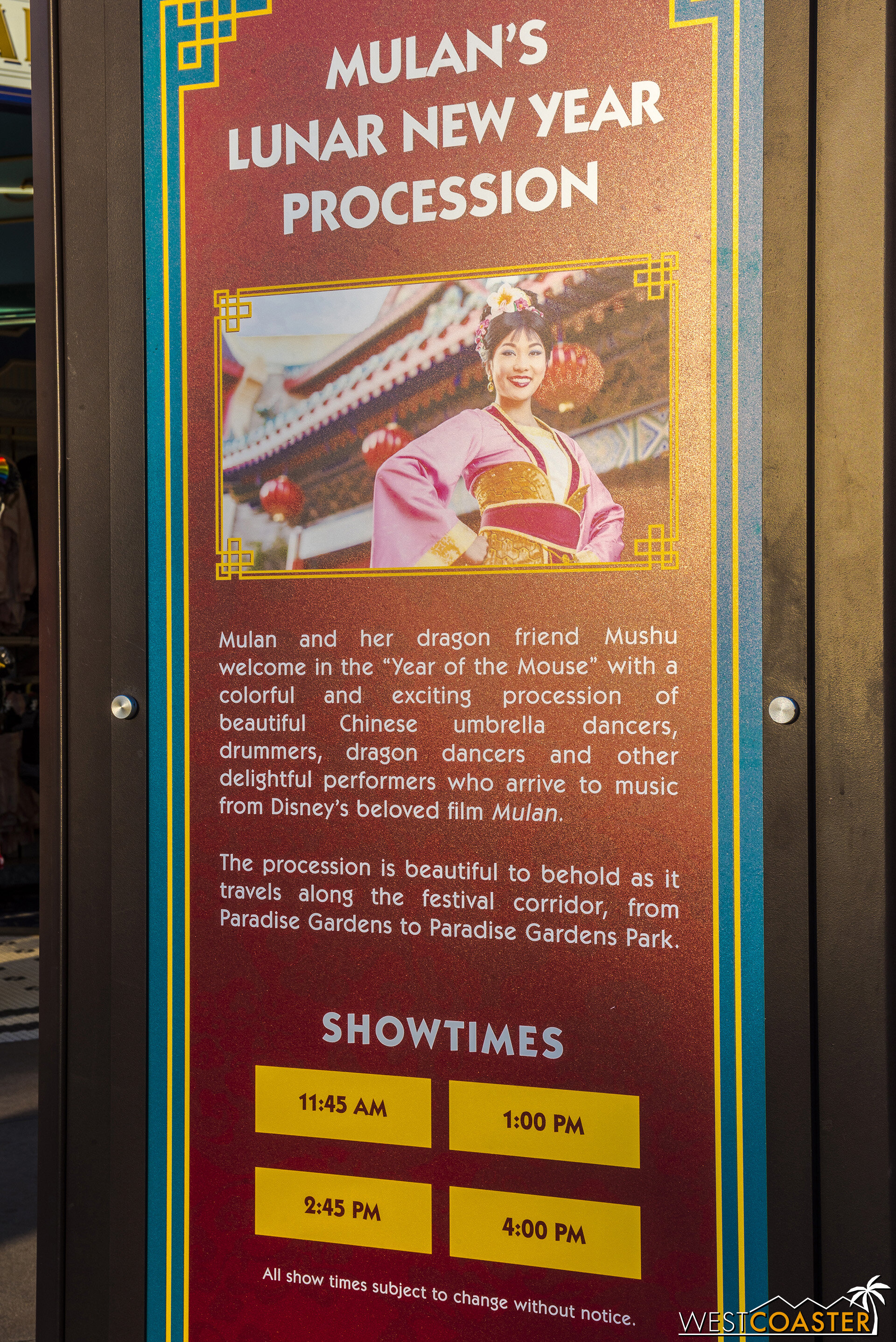  Showtimes for Mulan’s Lunar New Year Procession.  It’s daytime only. 