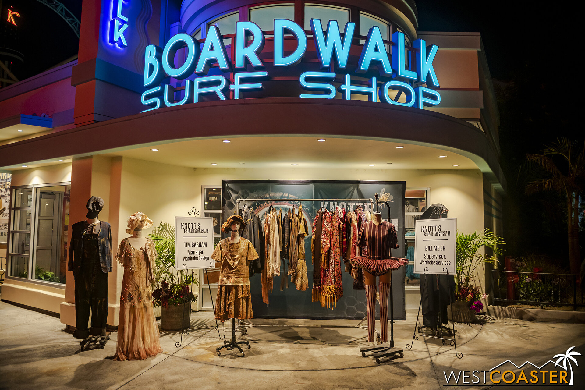  At the Boardwalk Surf Shop, a wardrobe display was set up with The Gore-ing 20’s outfits on the left half and the Mesmer maze costumes on the right. 
