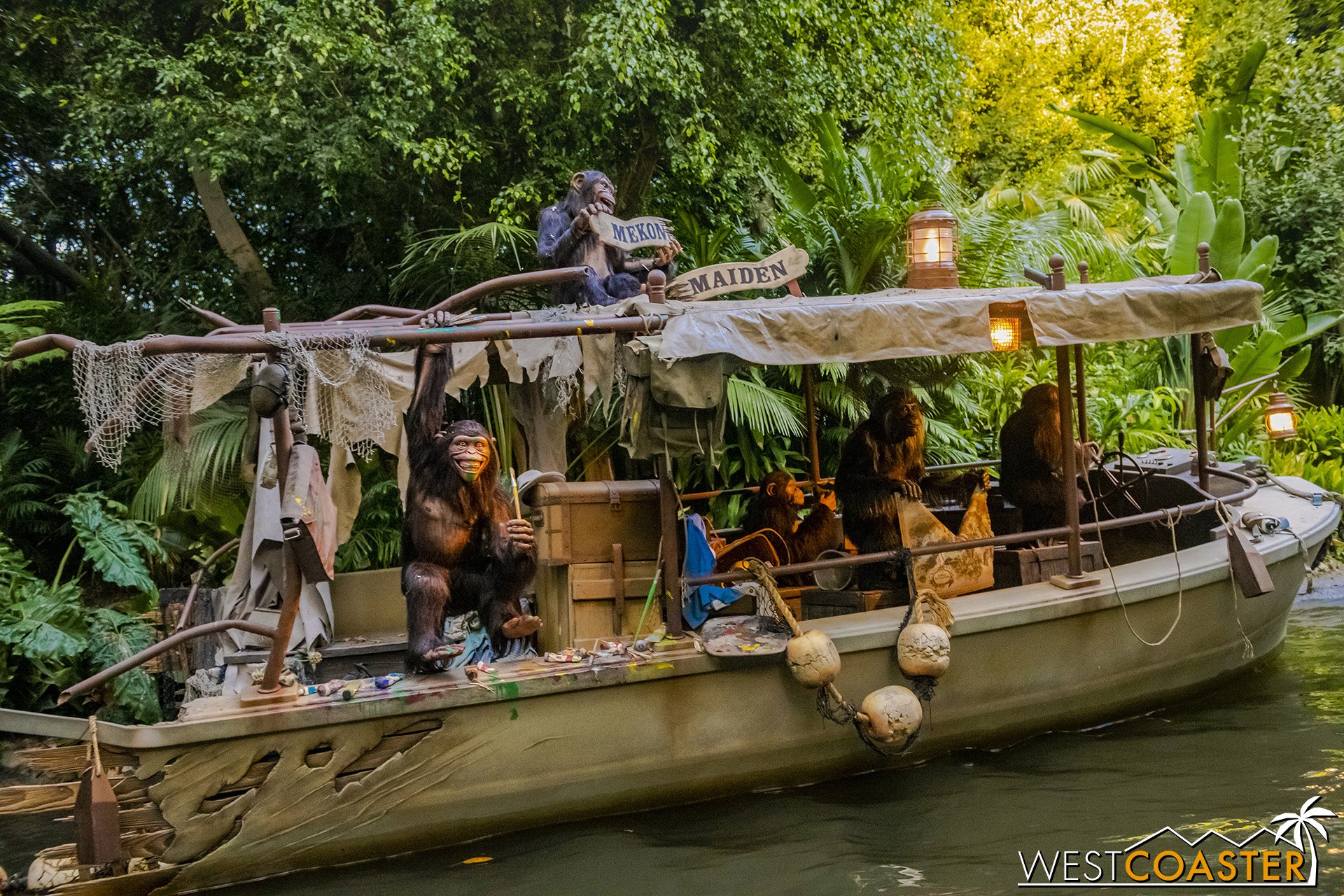  In front of where the dancing natives used to be located, a group of monkeys have taken over the Mekong Maiden. 