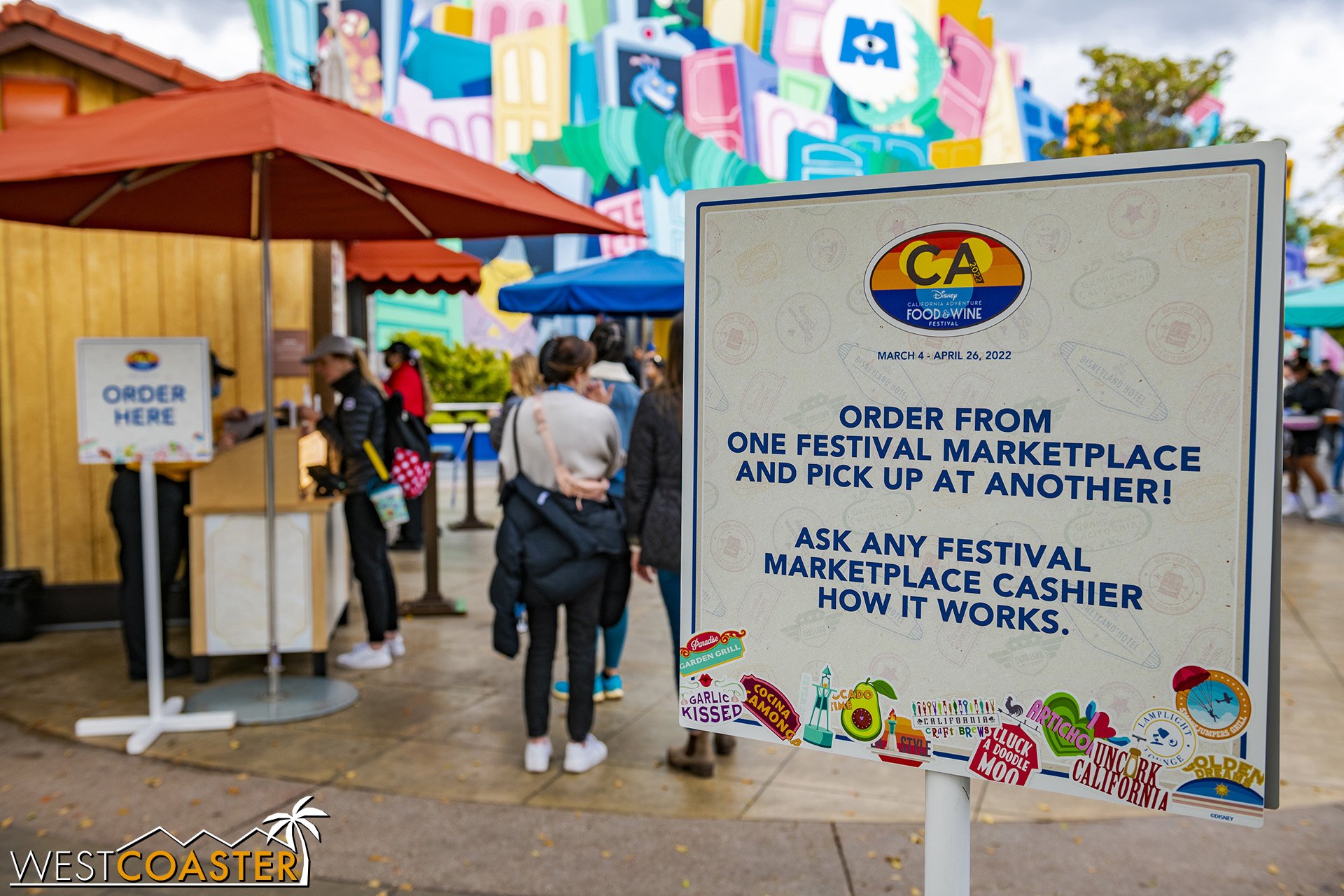  There are a dozen food stands at the Food &amp; Wine Festival this year.  Save time by placing your food orders all at one food stand and picking up at the others. 