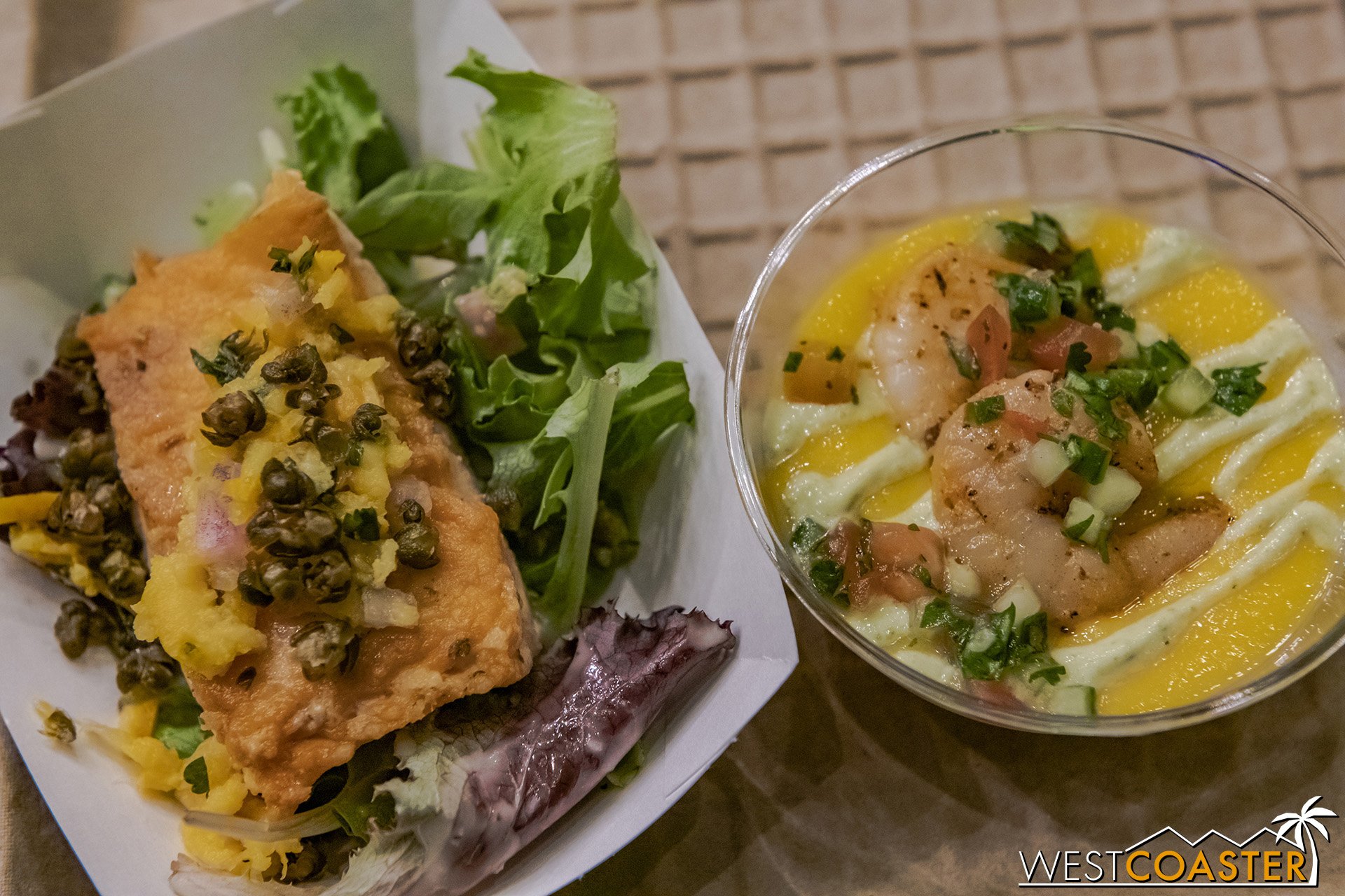  Golden Dreams: (left) Honey-Orange-glazed Salmon Salad with citrus vinaigrette  (right) Mango-Carrot Gazpacho with grilled shrimp and jalapeño crema  The Verlasse salmon that Disney has offered in past food festivals has typically been tender and fl