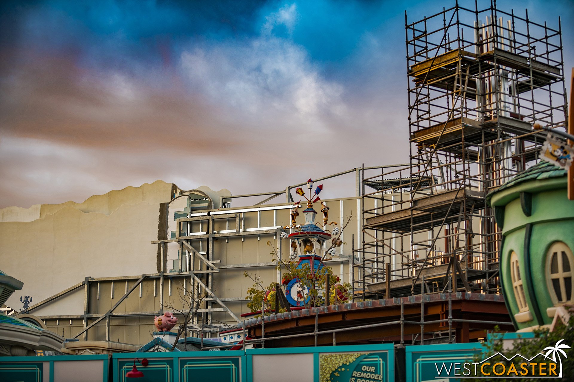  Scaffolding around the tower structure meant that soon, light gauge framing and sheathing would be coming. 