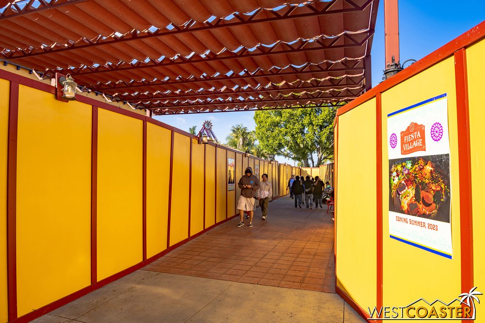  A narrow corridor under the shade structure of the Fiesta Village Stage was kept in place, leading to Camp Snoopy. 