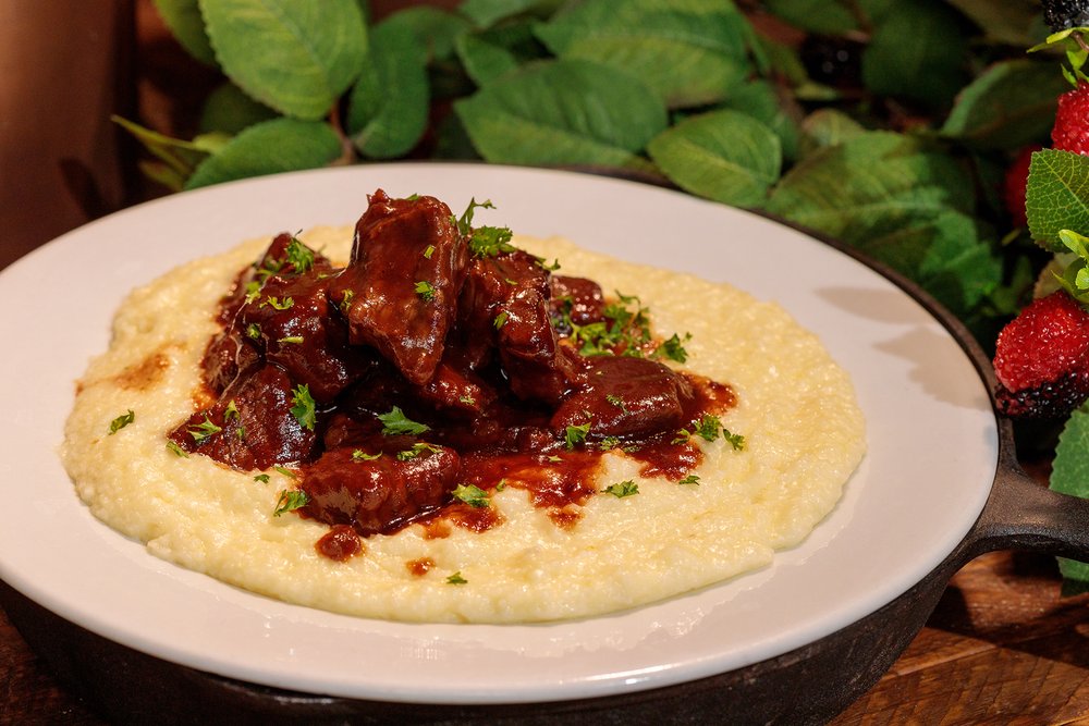  Boysenberry BBQ Beef Tips over Parmesan Grits 