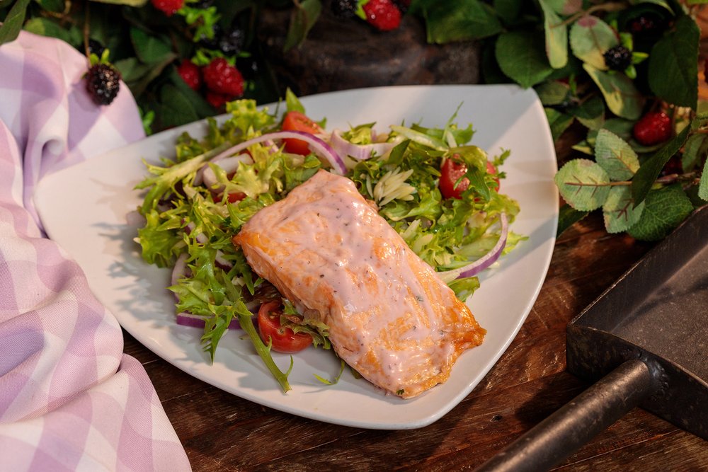  Salmon, Cucumber and Orzo Salad with Boysenberry Dressing 