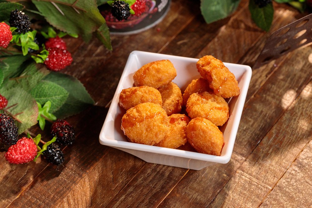  Sweet Corn Nuggets with a Boysenberry Honey Drizzle 