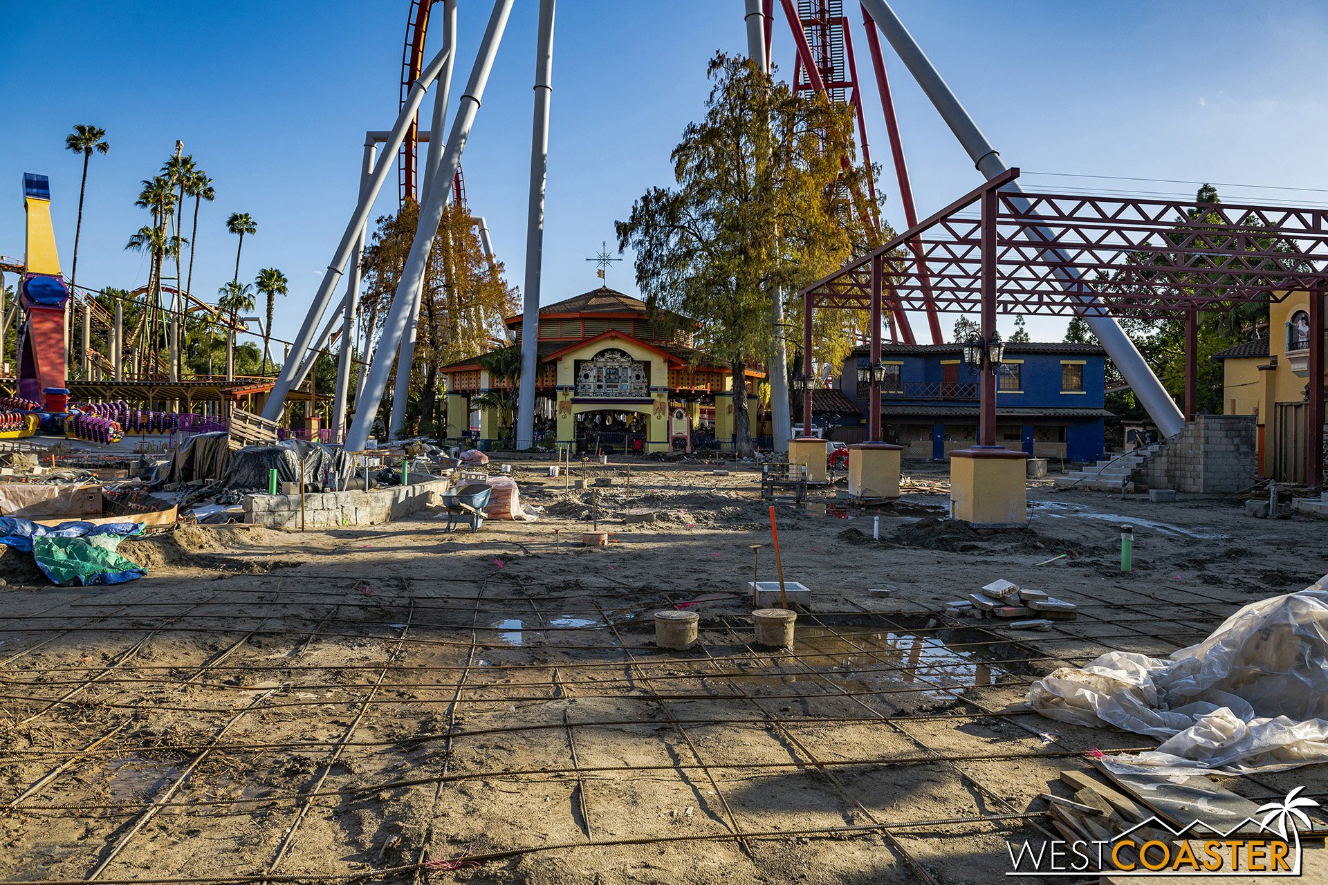  Rebar has been laid for new paving, and the Fiesta Village stage has been stripped down to its bare structure. 