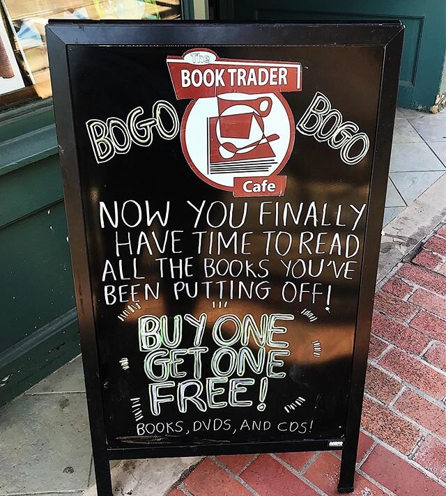 Booktrader Cafe is open 9 to 6, take out only until further notice! This means you can still get all the food, drinks, and books that you want to go! We sincerely apologize for any inconvenience, stay safe everybody! ❤️