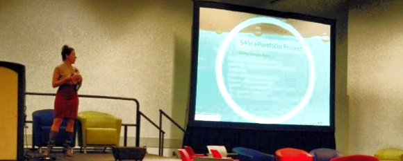 Delivering a presentation on Evaluating Digital Portfolios at Educause