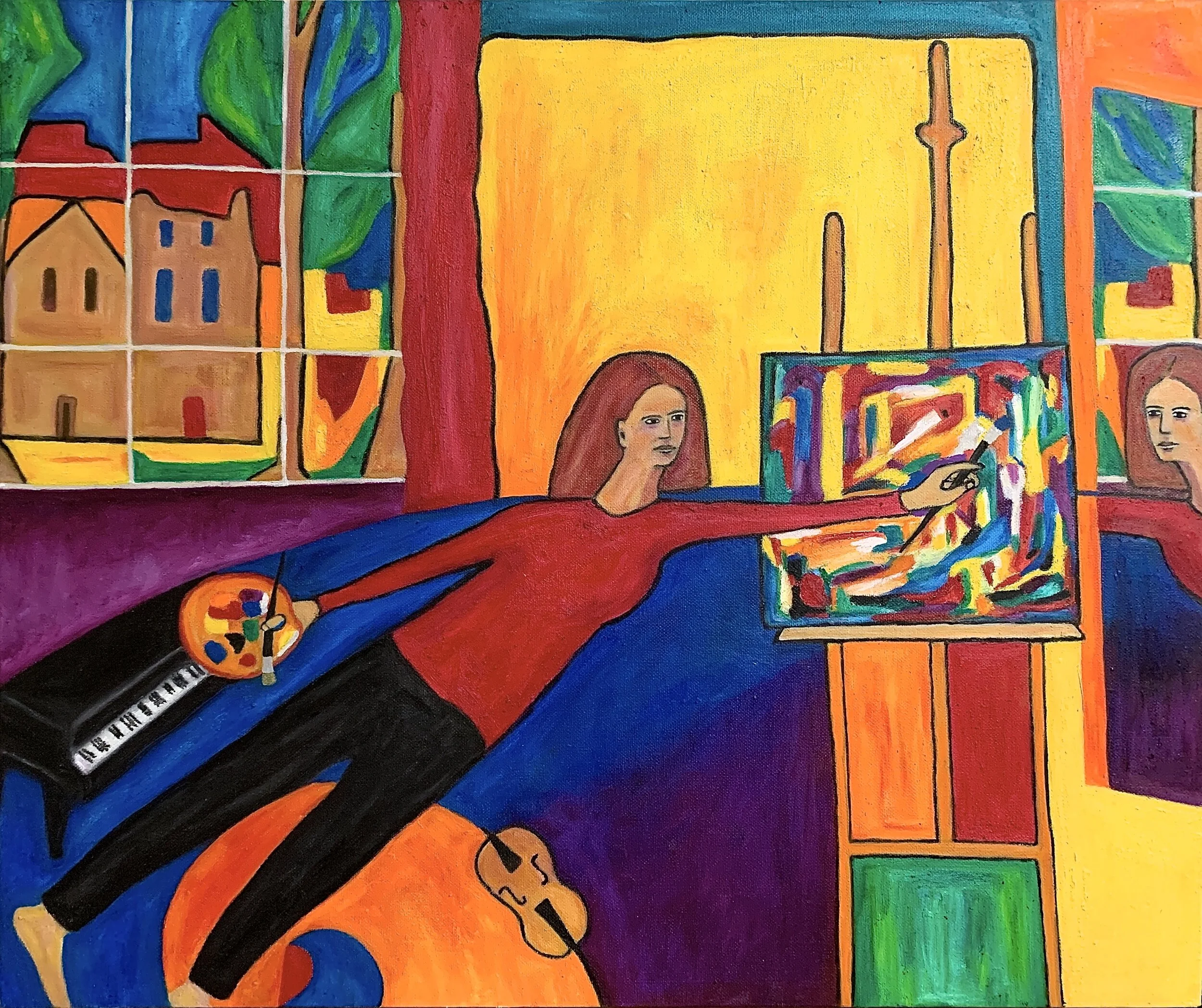 Self-portrait with easel &amp; mirror, 2020. Oil on canvas, 20 x 24 in / 50 x 60 cm | Available