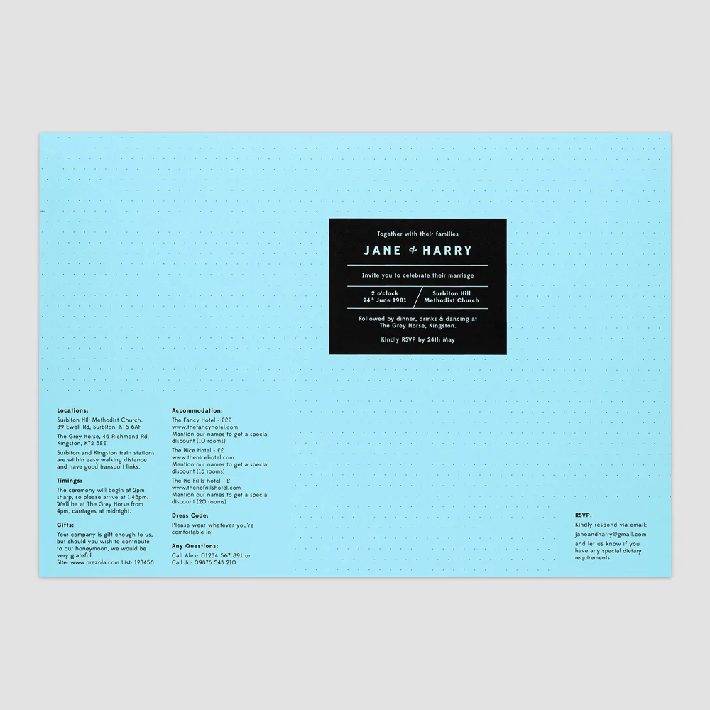 Fern Paper Co. Dot Wedding Invitations folding pastel blue
