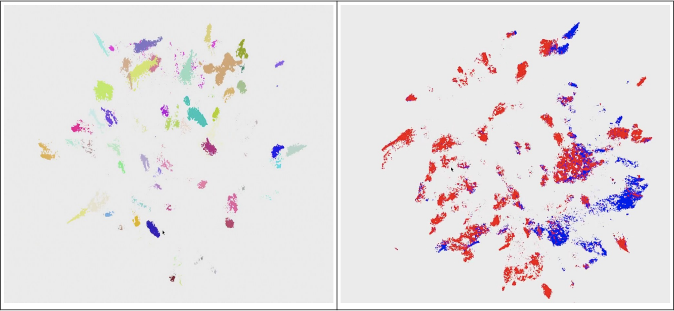 Two maps of sentence embeddings from Chinese Buddhist texts of 500 to 800 CE: on the left, topic clusters in different colors; on the right, sentences from texts composed in China in red and from Indian texts in Chinese translation in blue