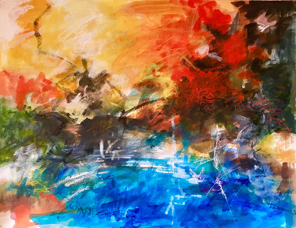 Fire & Flood Aqua, oil, pastel (17 x 17 in) $675 (unframed)