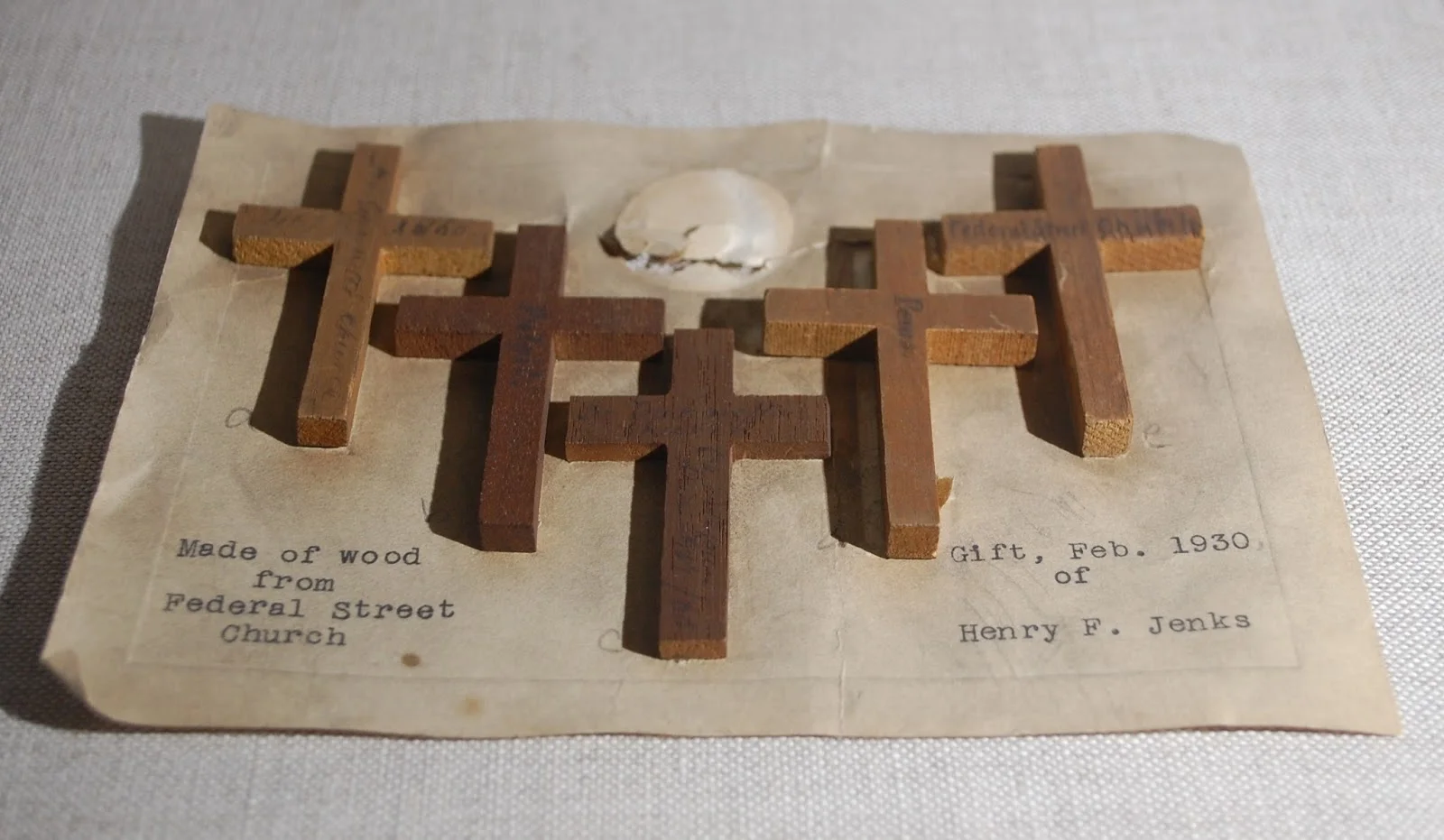 1930.0008.002 a-fNote reads, "Made of wood from FederalStreet Church. Gift, Feb. 1930 of Henry F Jenks."