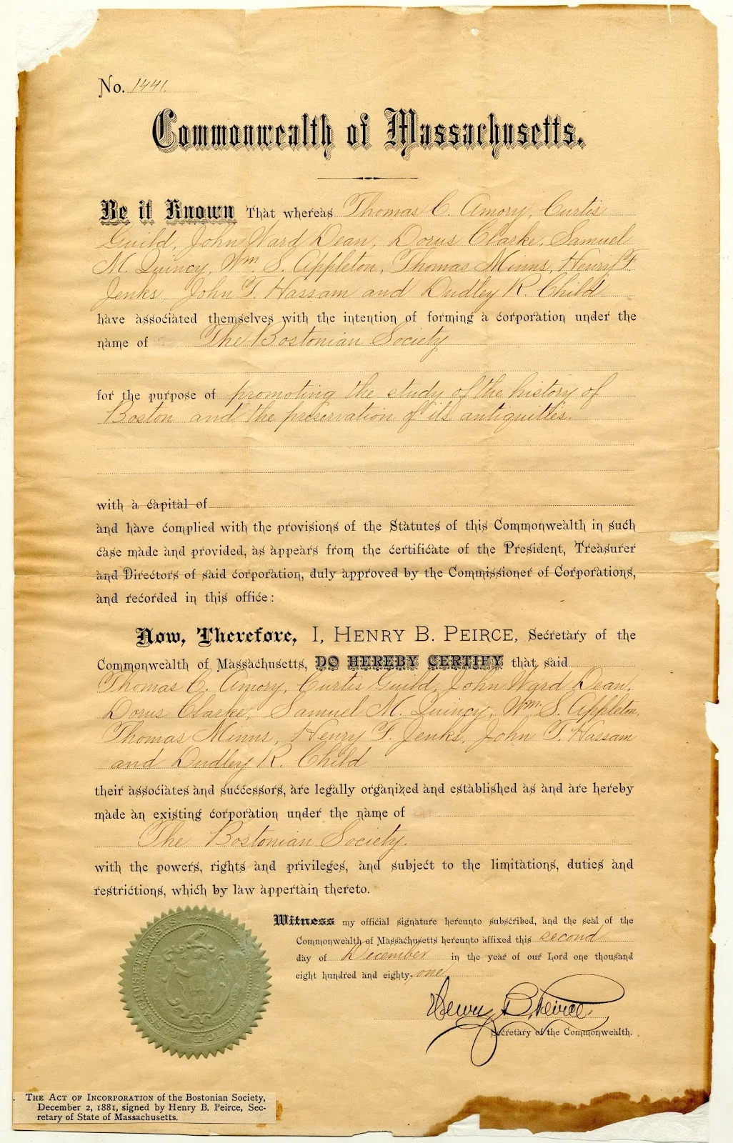 Bostonian Society Charter, 1881