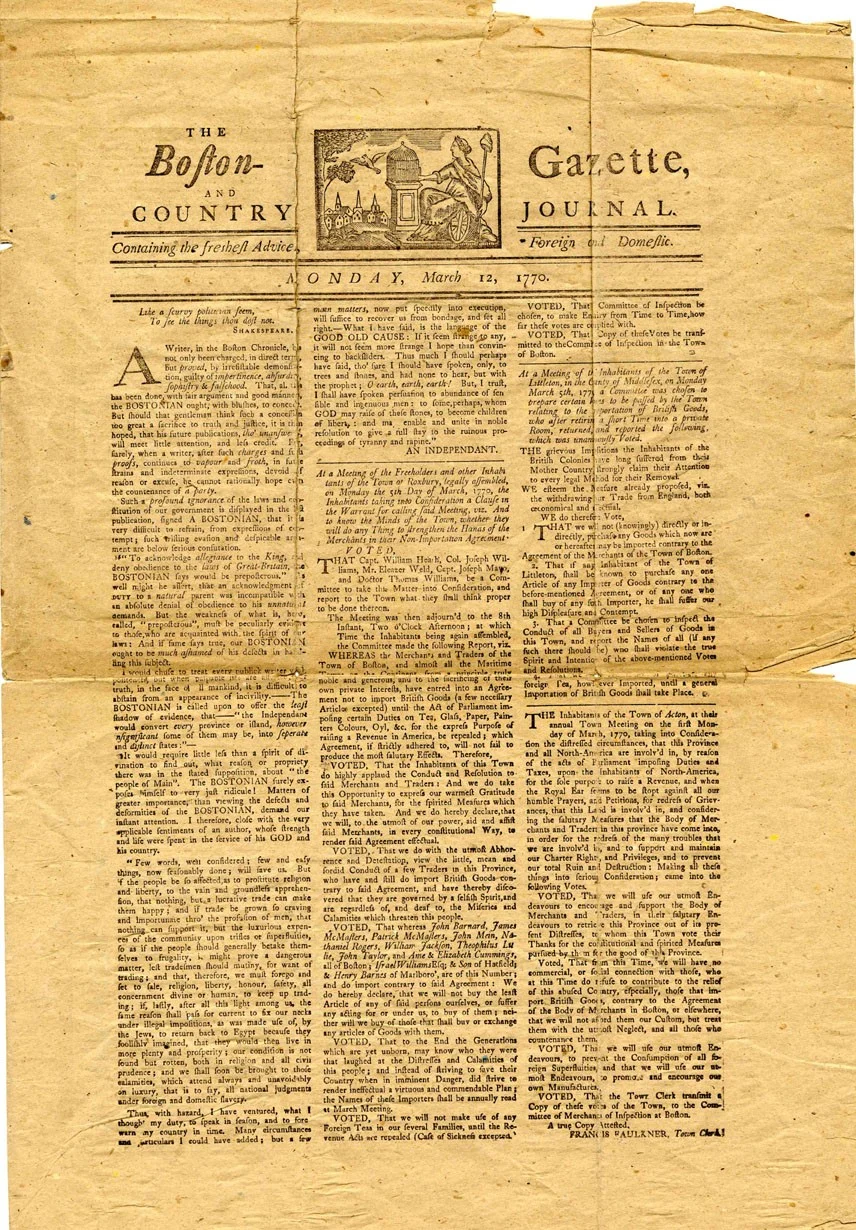 Page 1 of the March 12, 1770 Boston Gazette