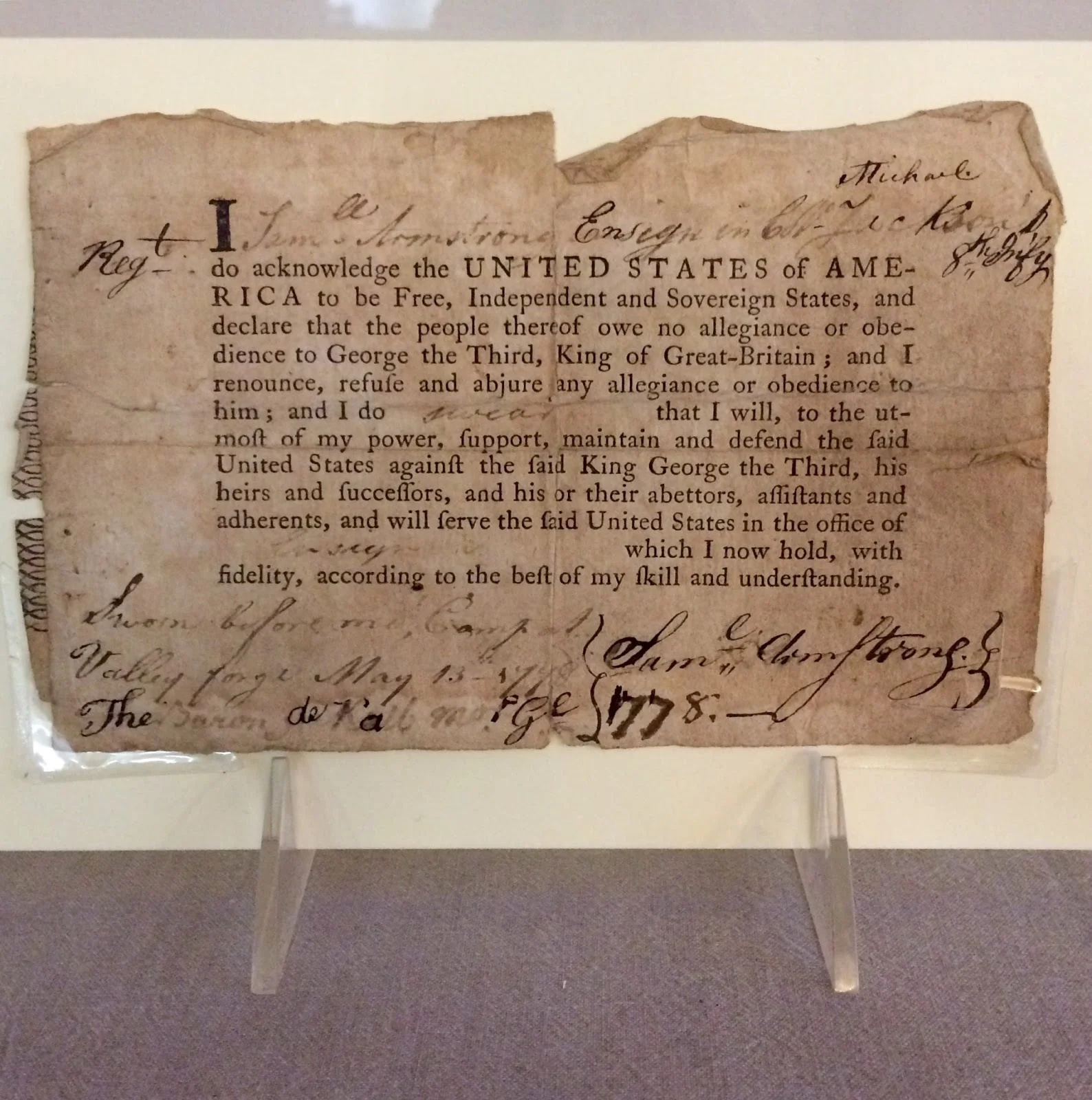 An Oath of Allegiance from 1778currently on display in our library