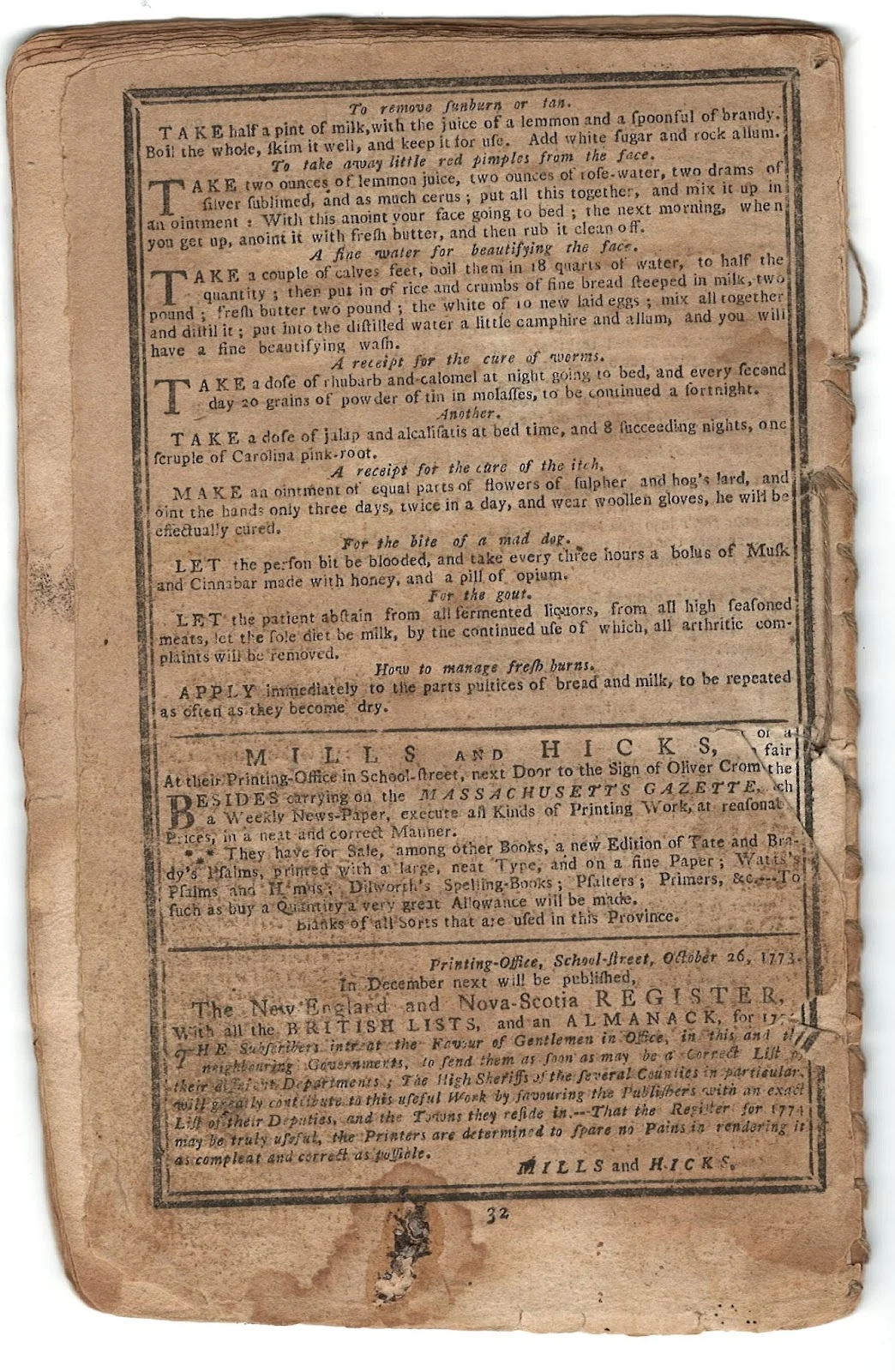 List of remedies on the back of the almanac.