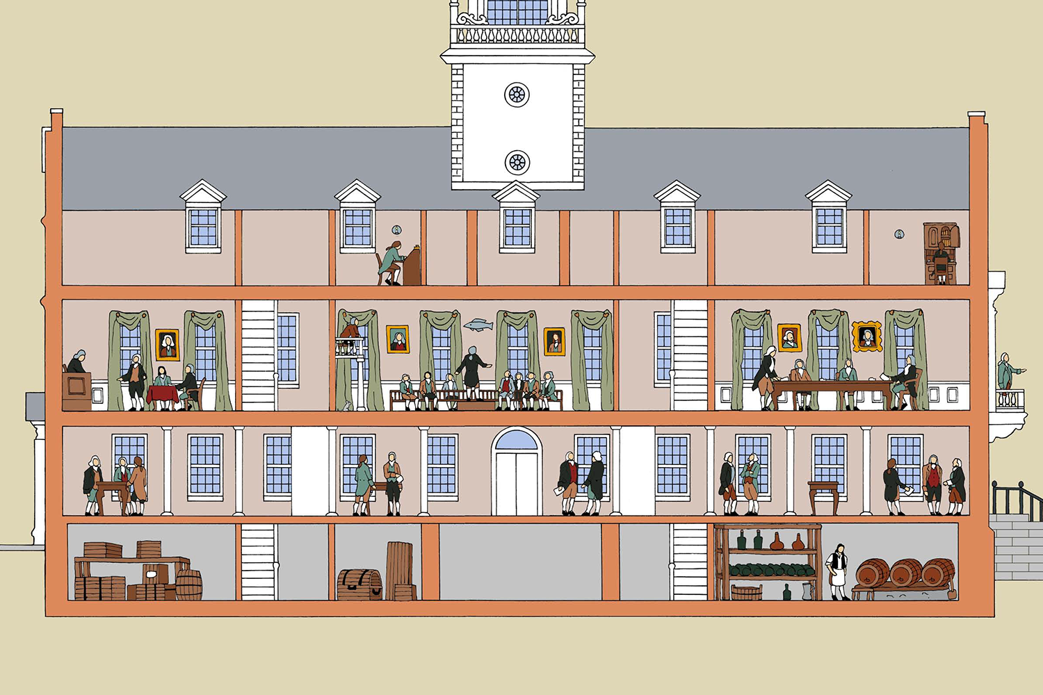 Cutaway of the building showing its function in the mid-1700s as the Massachusetts Town House.