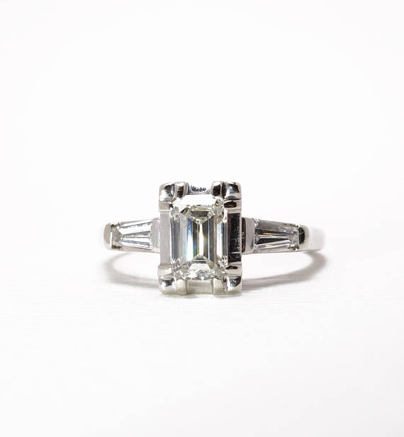 Vintage Emerald Cut Engagement Ring In White Gold