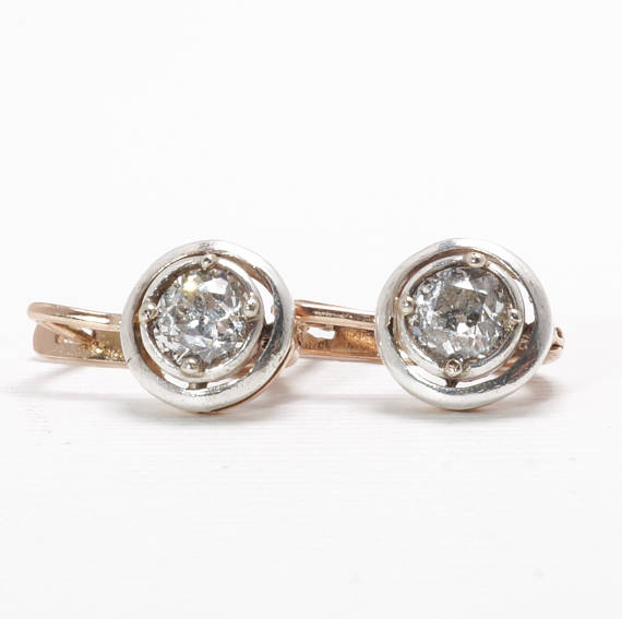Russian rose gold old european cut diamond earrings