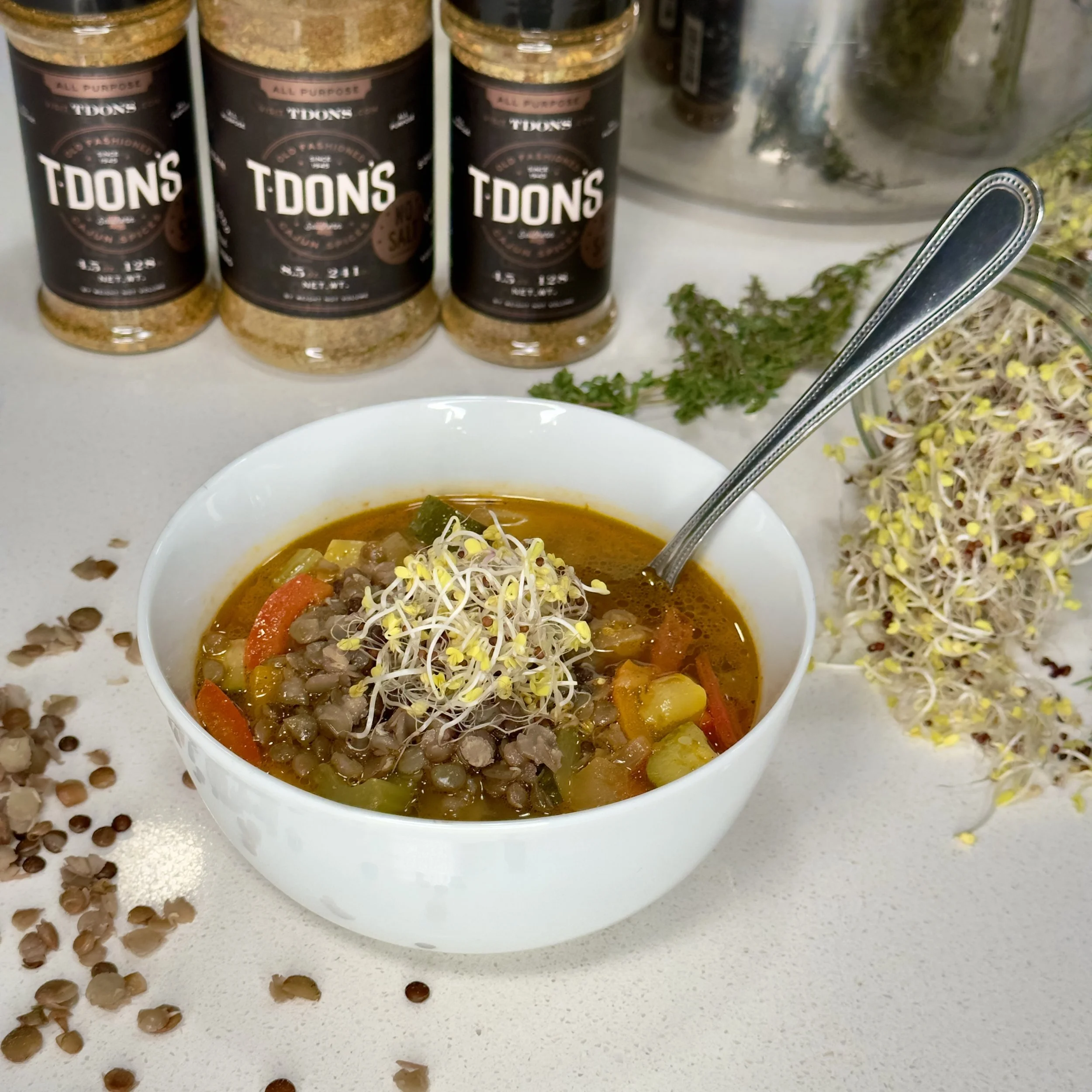 Cajun Sprouted Lentil Vegetable Soup