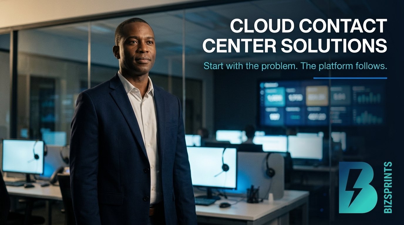 Business leader standing inside a modern contact center with the message, “Cloud Contact Center Solutions—Start with the problem. The platform follows.”