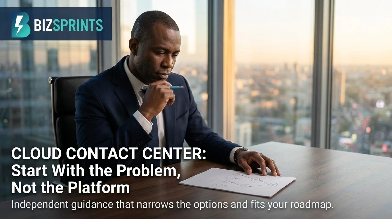 Business leader studying a workflow diagram with the message, “Cloud Contact Center: Start With the Problem, Not the Platform.”