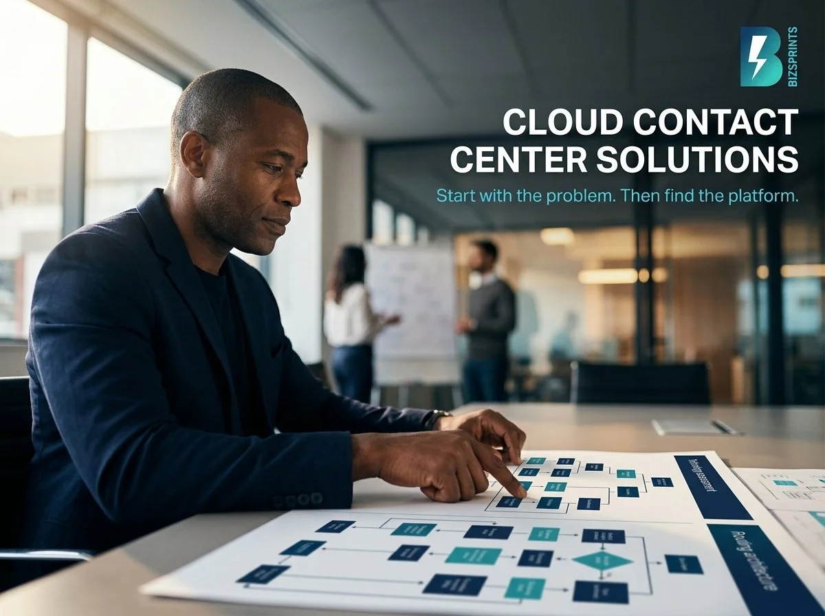 Business leader reviewing a contact center process map with the message, “Cloud Contact Center Solutions—Start with the problem. Then find the platform.”