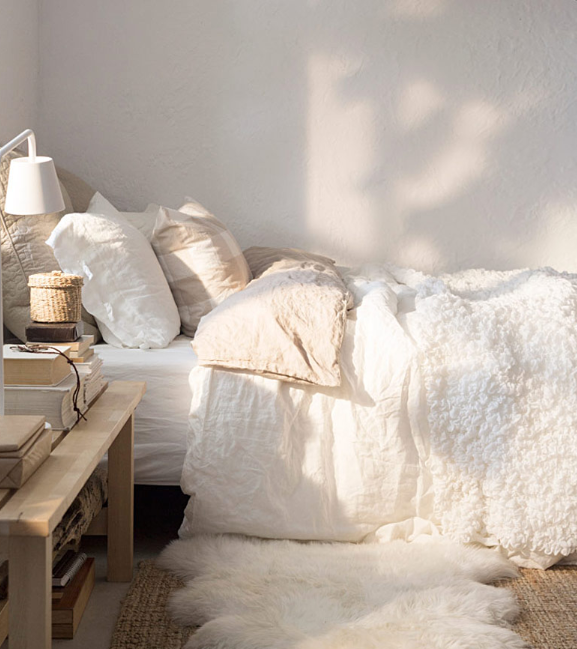 Dreamy white and natural color bedroom varied textures from Ikea source
