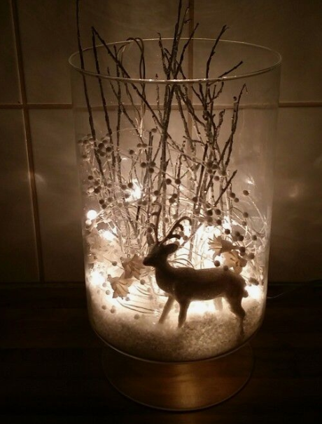 Christmas reindeer vignette image source From the designer ” I took a vase, fake snow, a white glimmer reindeer, some silver tree branches, and some white pearl and flower decorations and some white christmas lights and made a winter wonderland to brighten up the dark days we are having here in Iceland”