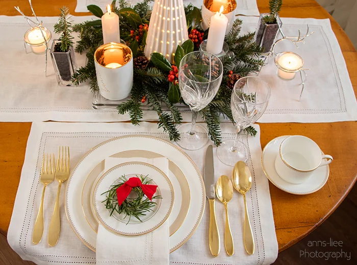 Christmas place setting in gold and white