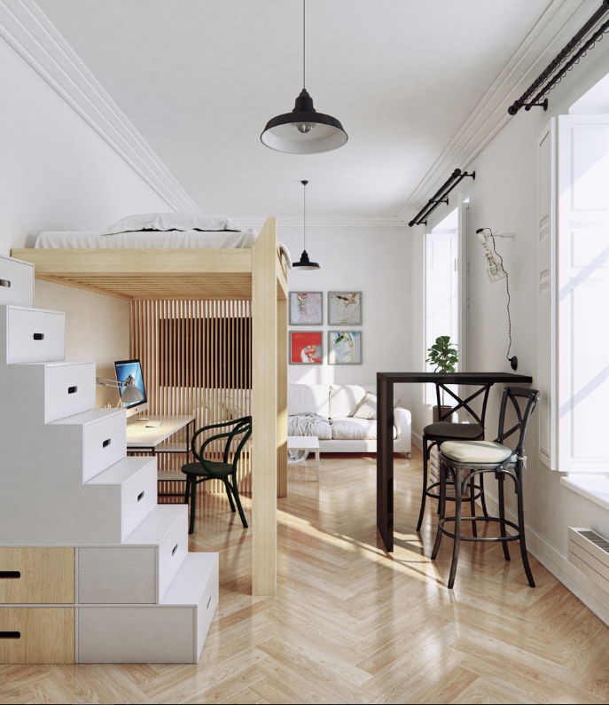 Elevated bed provides office space in studio apt source