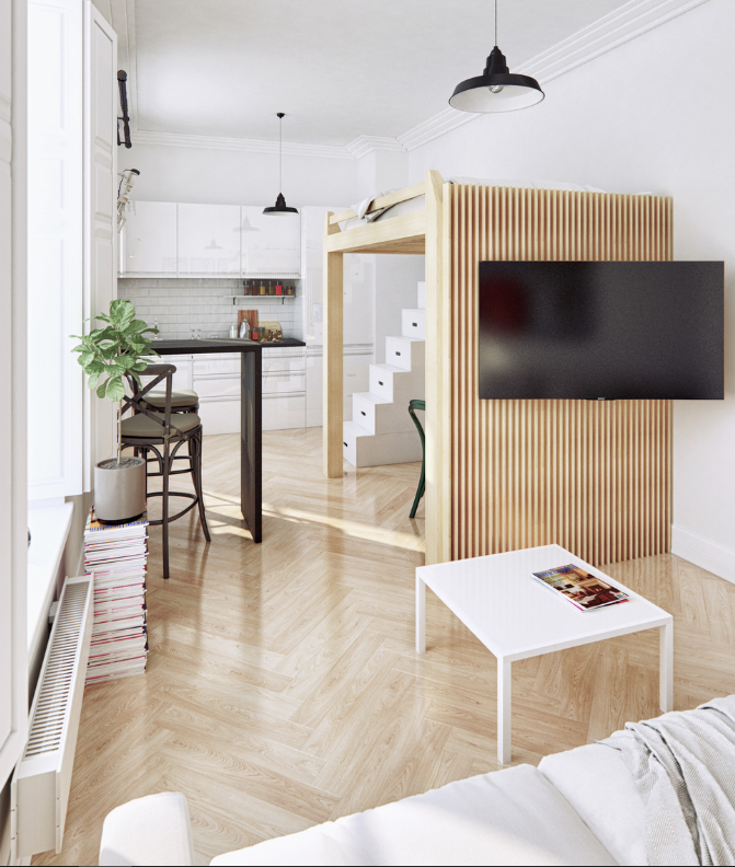 Studio apartment with elevated bed source