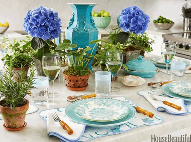 Blue hydrandea plant center piece and herbs by House Beautiful