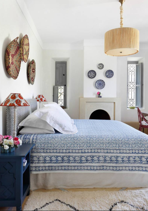 White walls, blue accented bedroom source House & Garden UK