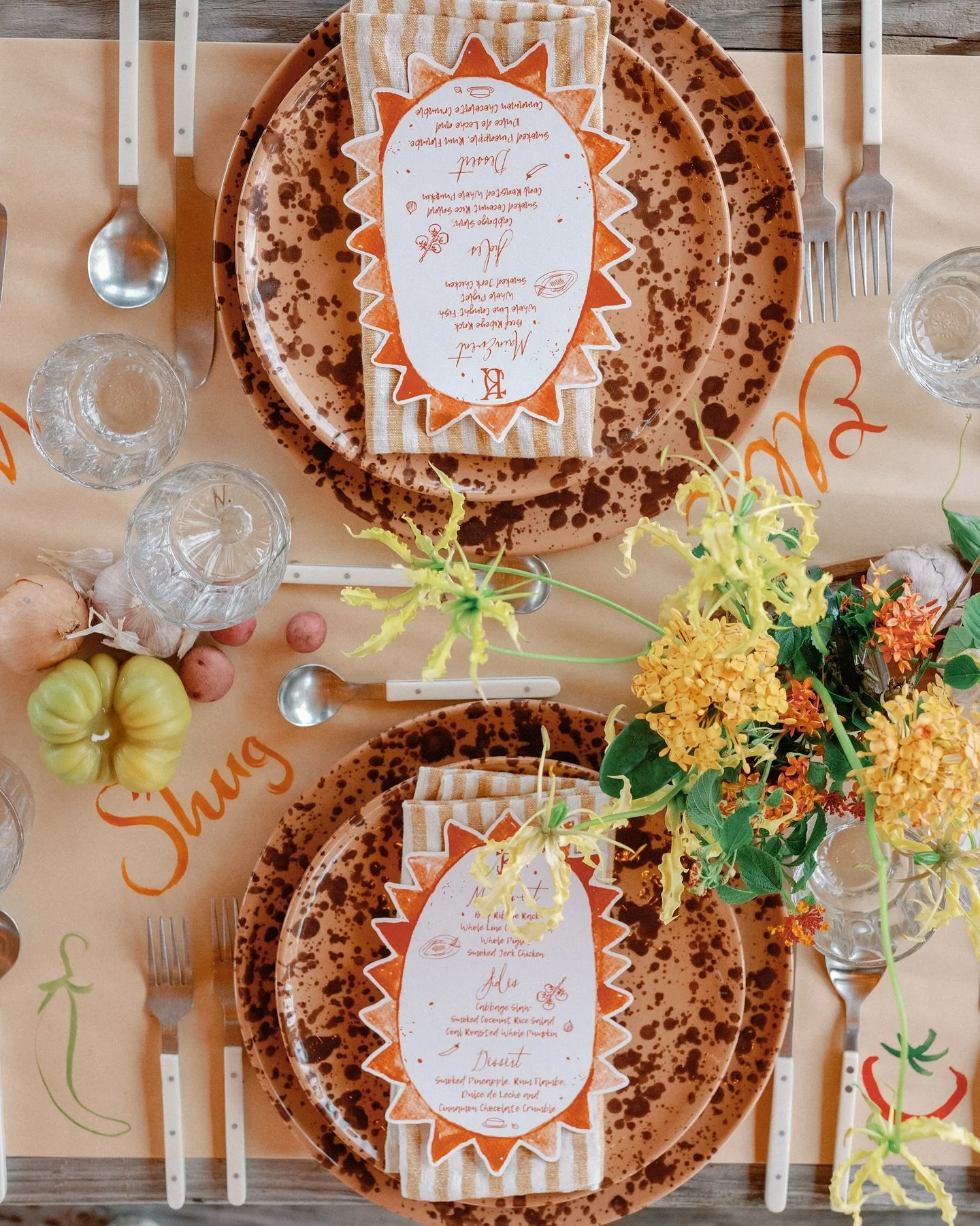 Sharing more from K&amp;J&rsquo;s celebration ~ night two Farm Dinner ~ a relaxed vibe with lots of fruit &amp; veg styling, hand painted tabletops by @elsa_works_ , gorgeous open fire food by @terra.firma.dining , expertly planned by @bethhelmstette