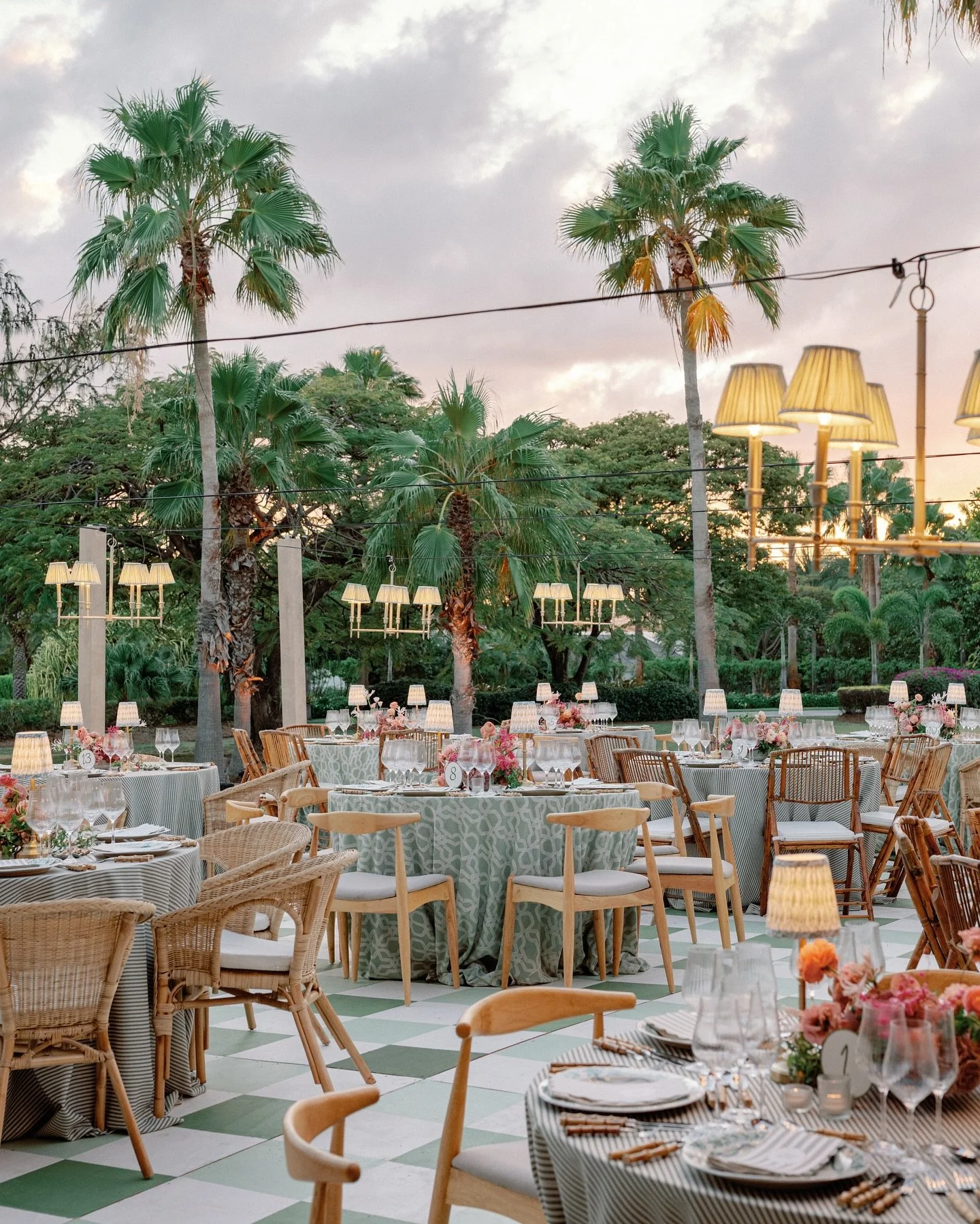 K&amp;J night three ~ Rehearsal Dinner ~ stripes on stripes in shades of soft green, delicate hand painted patterns &amp; delicate bright florals to complement the Antigua sunset @jumbybayresort with @bethhelmstetter &amp; photos @stevesteinhardt