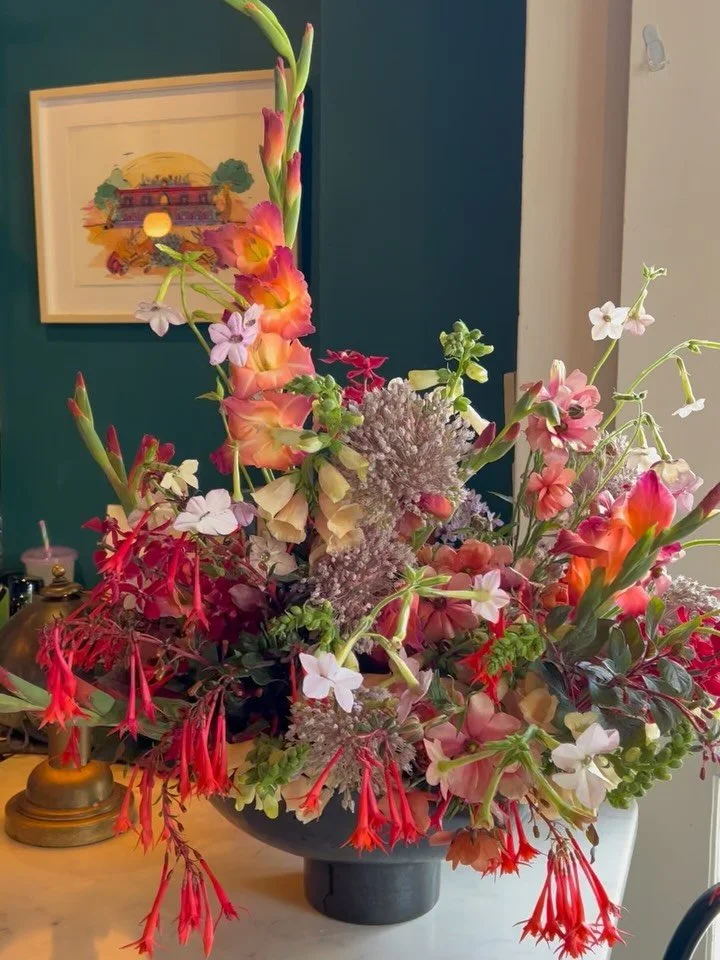 A color filled intimate wedding reception from summer for A&amp;D ~ fuchsia, allium, nicotiana, foxglove, gladiola✨