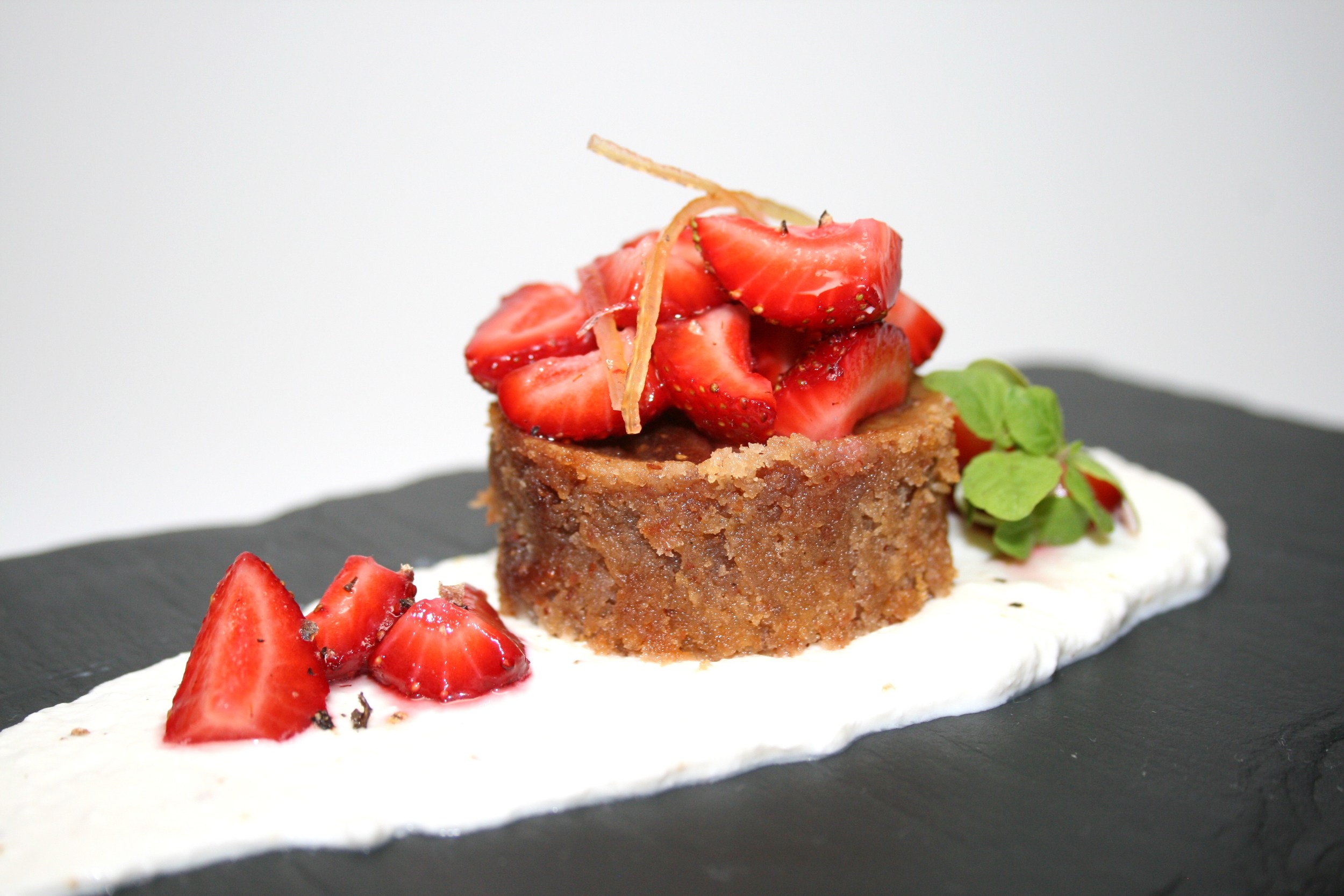 Strawberry-Almond Frangipane Cake w/ Local Strawberries, Ricotta & Candied Lemon