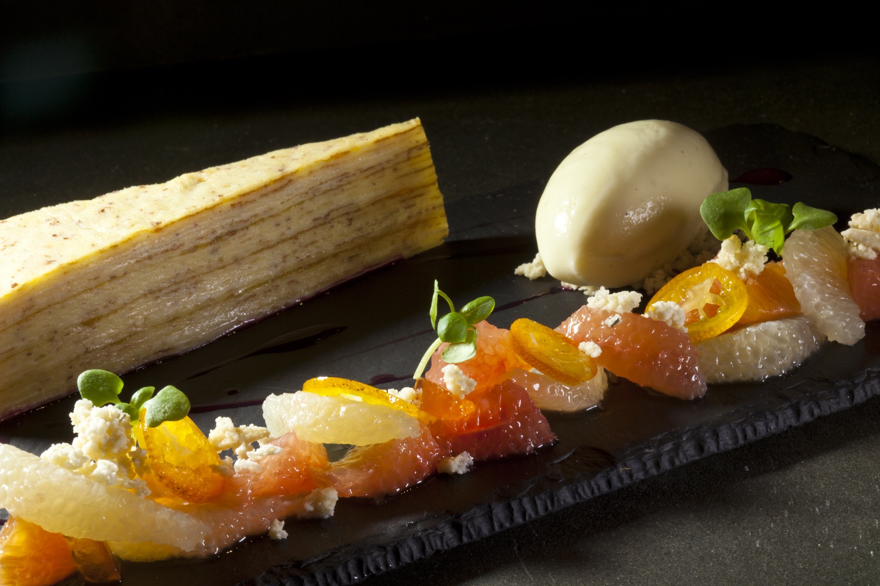 Almond Crespelle w/ Grapefruit, Kumquat, Almond Sherbet & White Chocolate Crumble